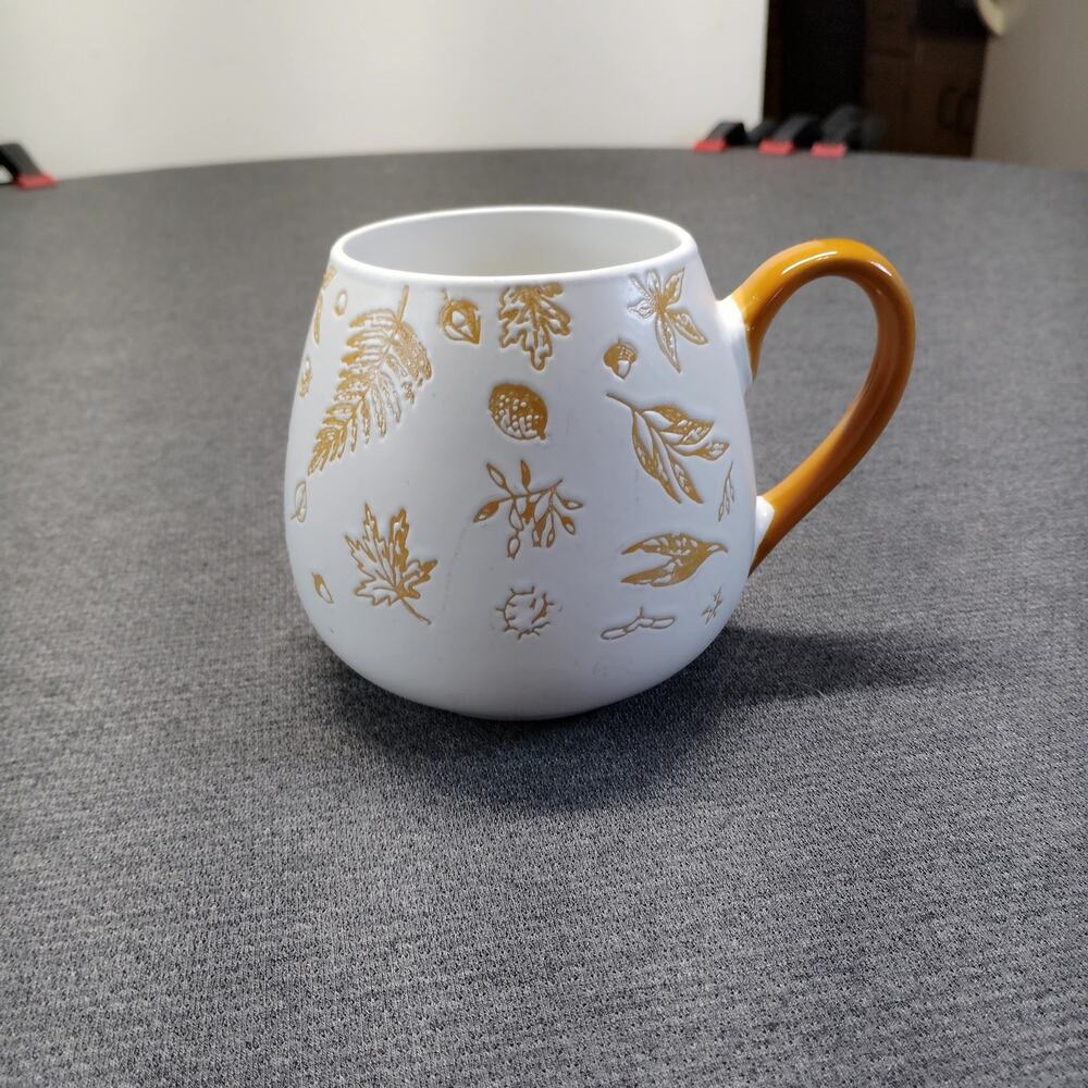 Walgreens Autumn Gold Leaf Embossed Stoneware Coffee Mug Fall Acorn Cup